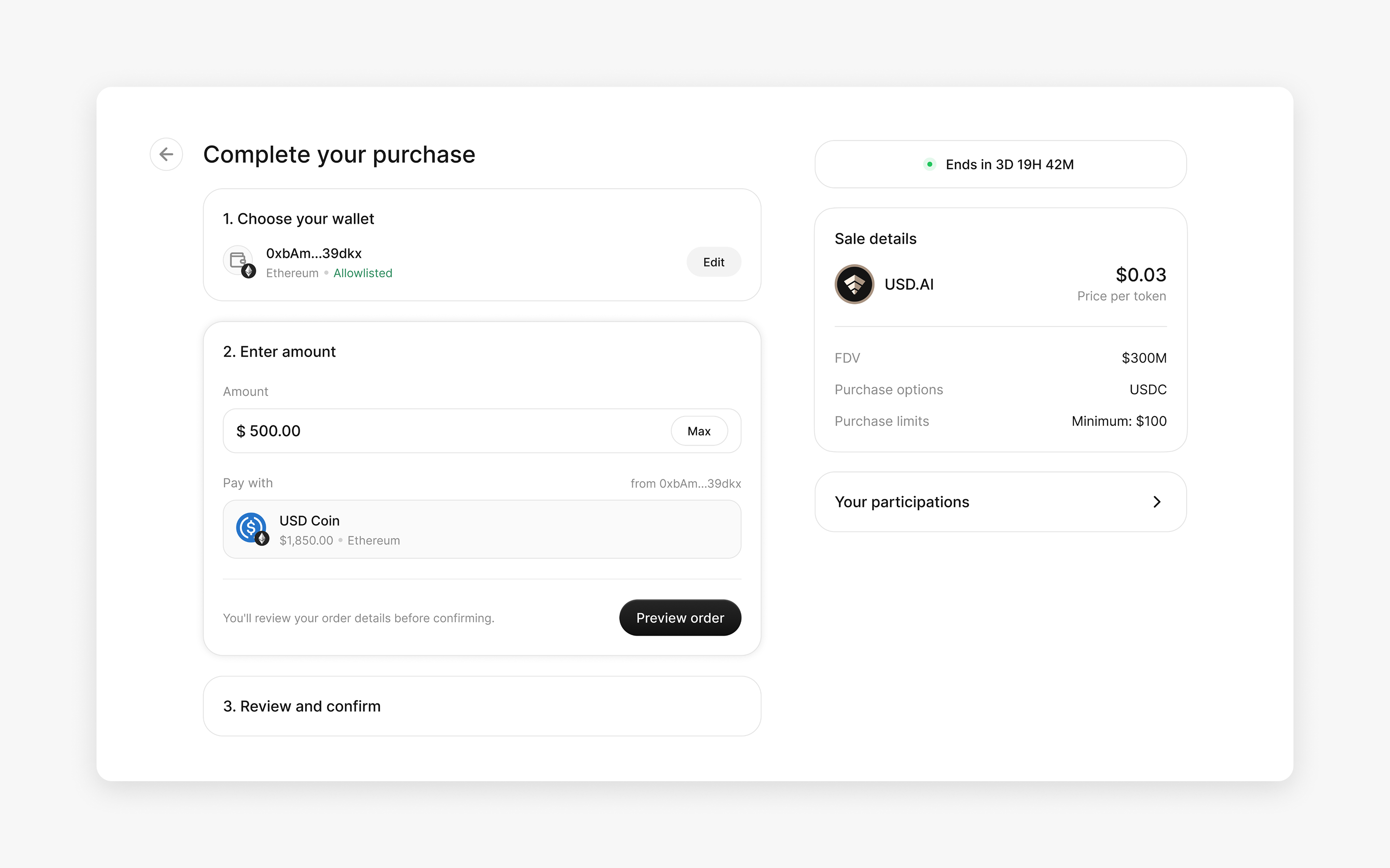 Purchase flow for buying onchain assets