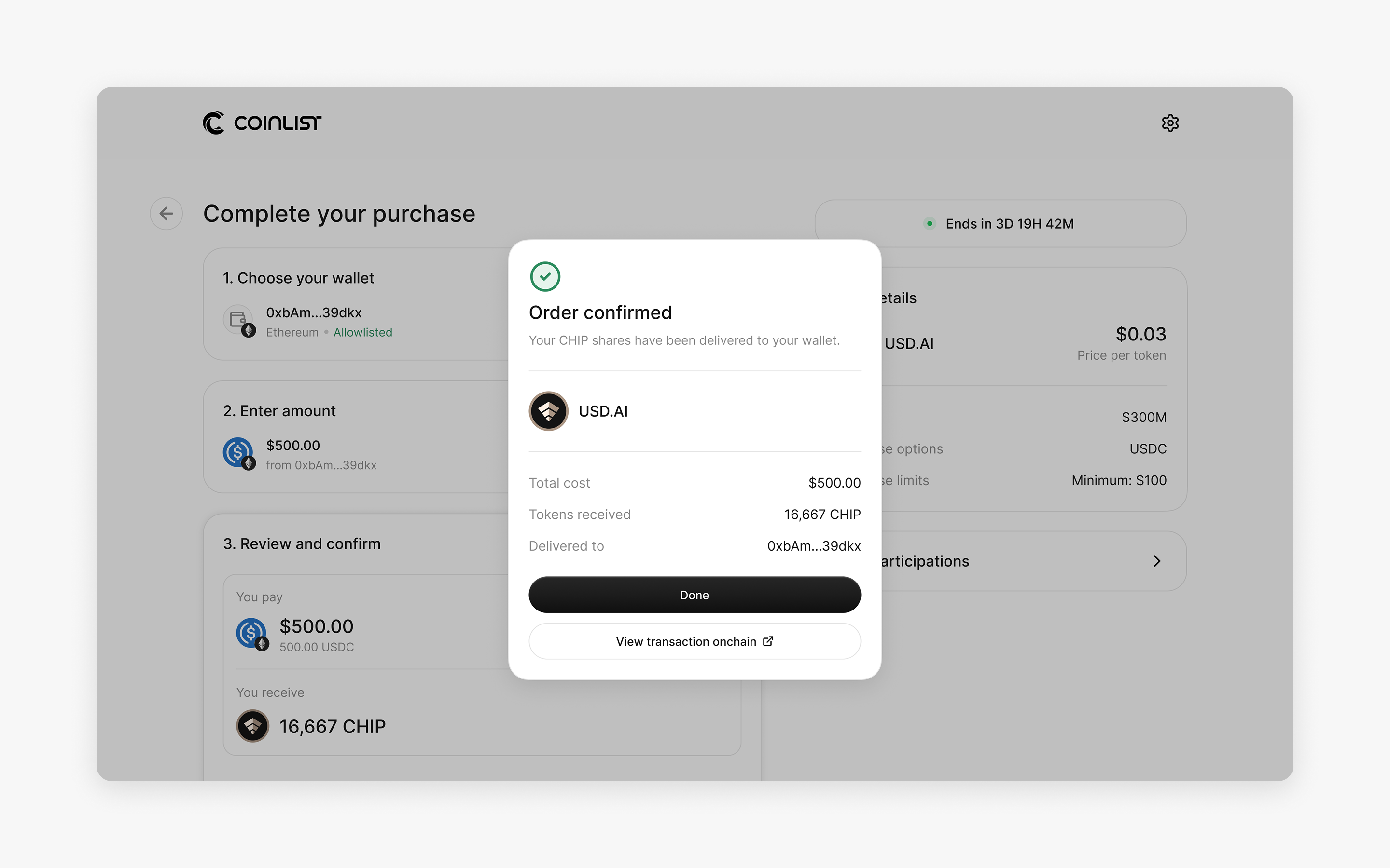 Purchase confirmation with transaction details delivered directly to a user's onchain wallet