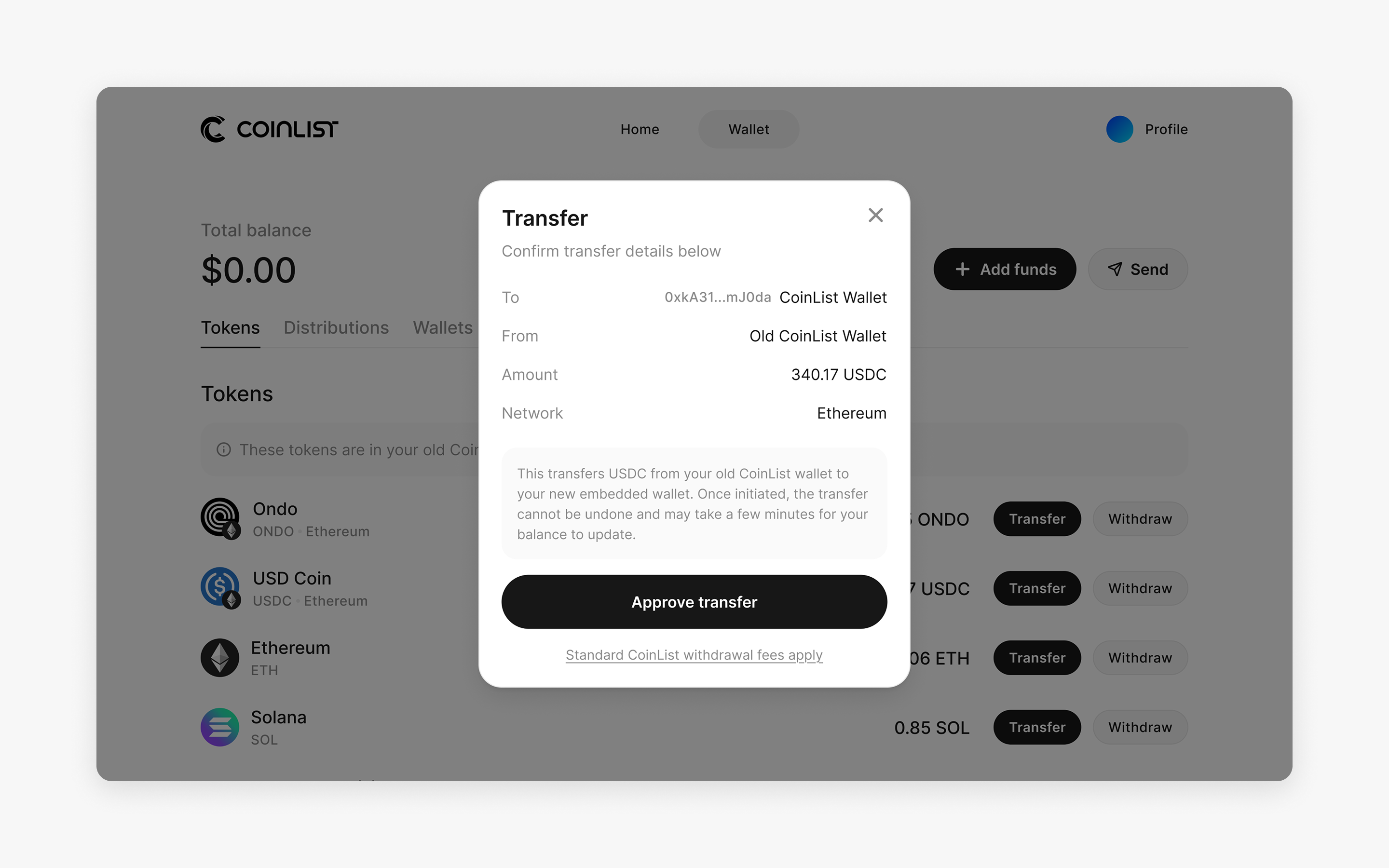 Confirming a token transfer from the old CoinList wallet to the new onchain embedded wallet