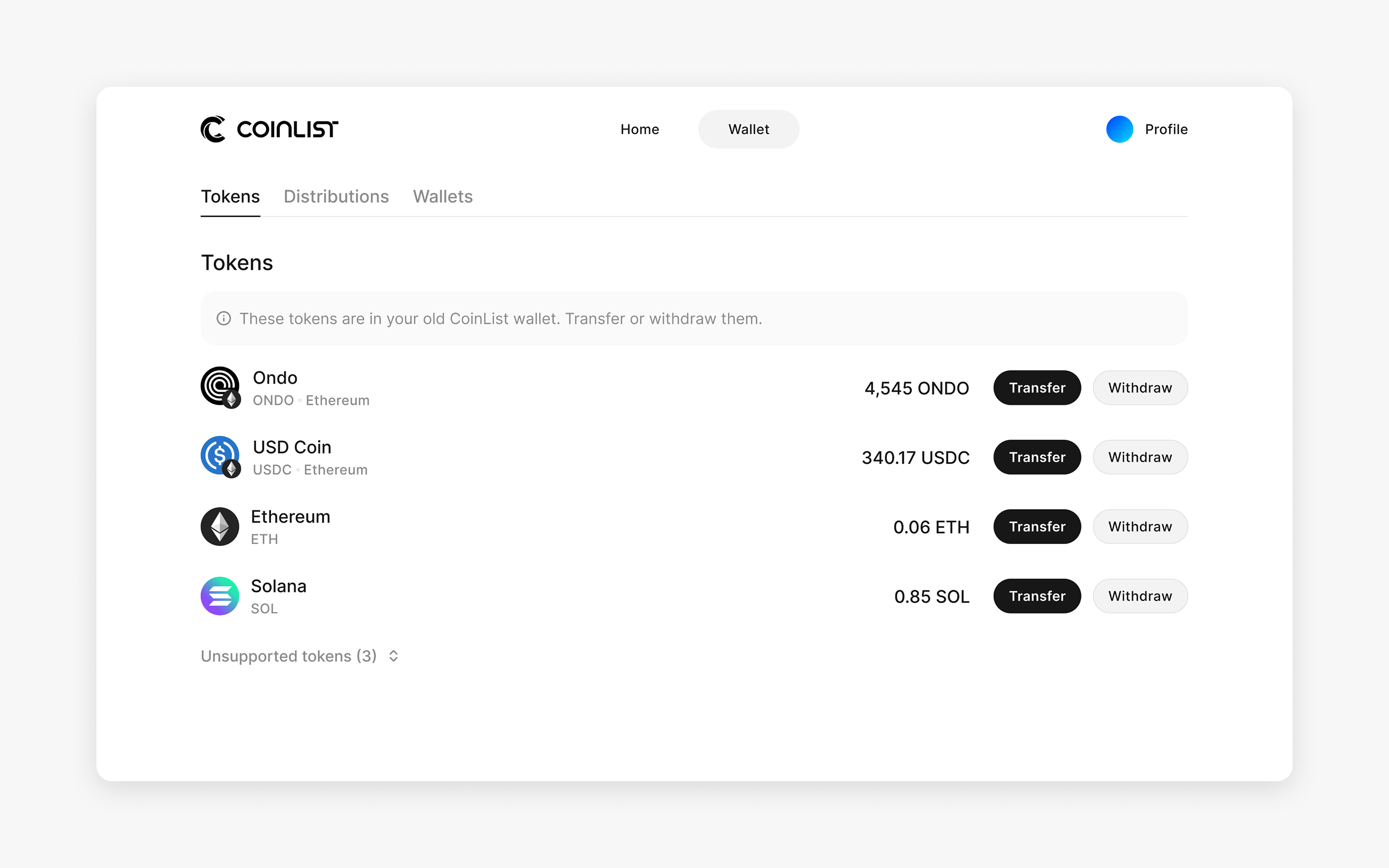 Legacy tokens available for transfer or withdrawal to a user's new embedded wallet