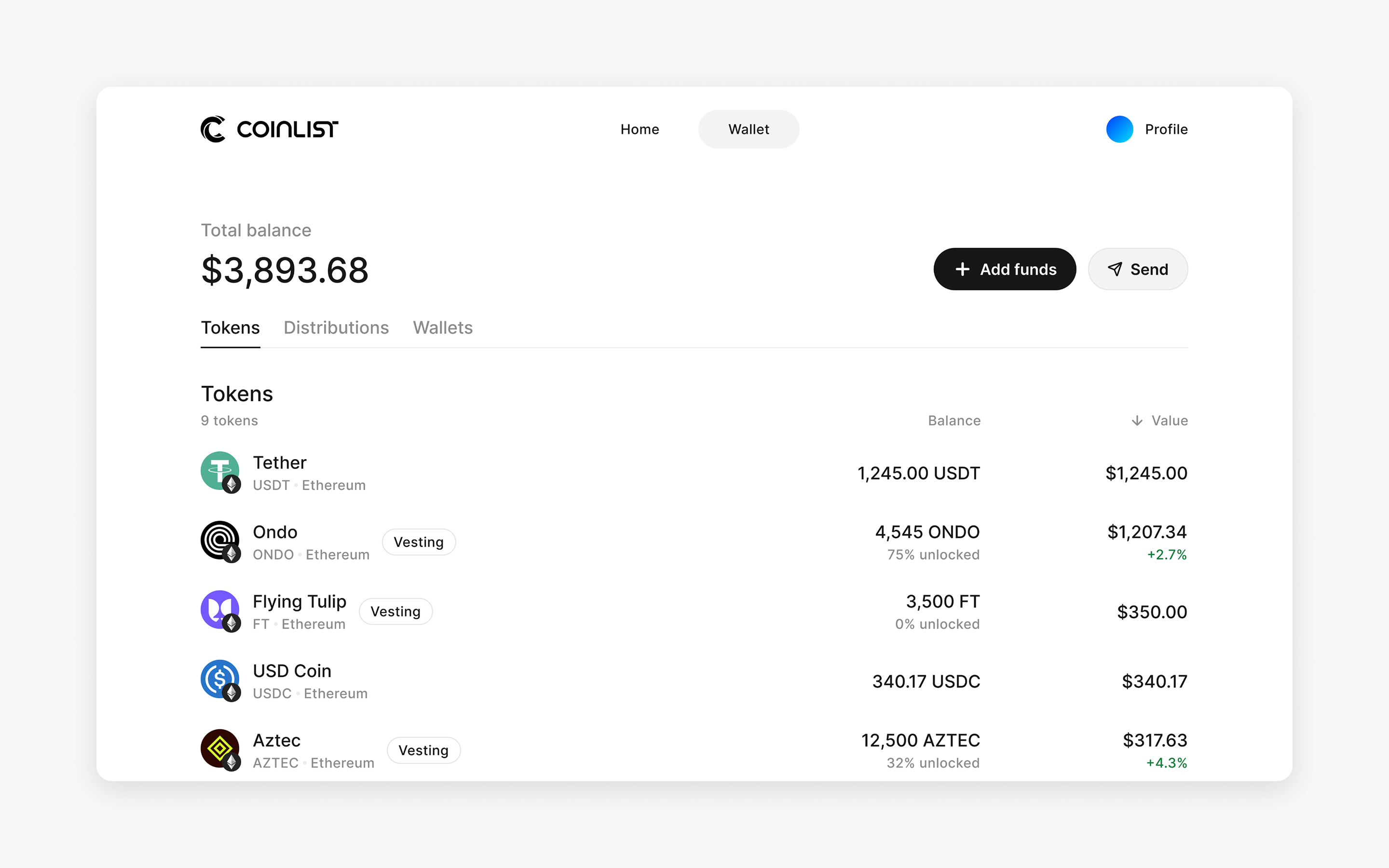 User's portfolio with balances and values per asset, and a page for onchain distributions