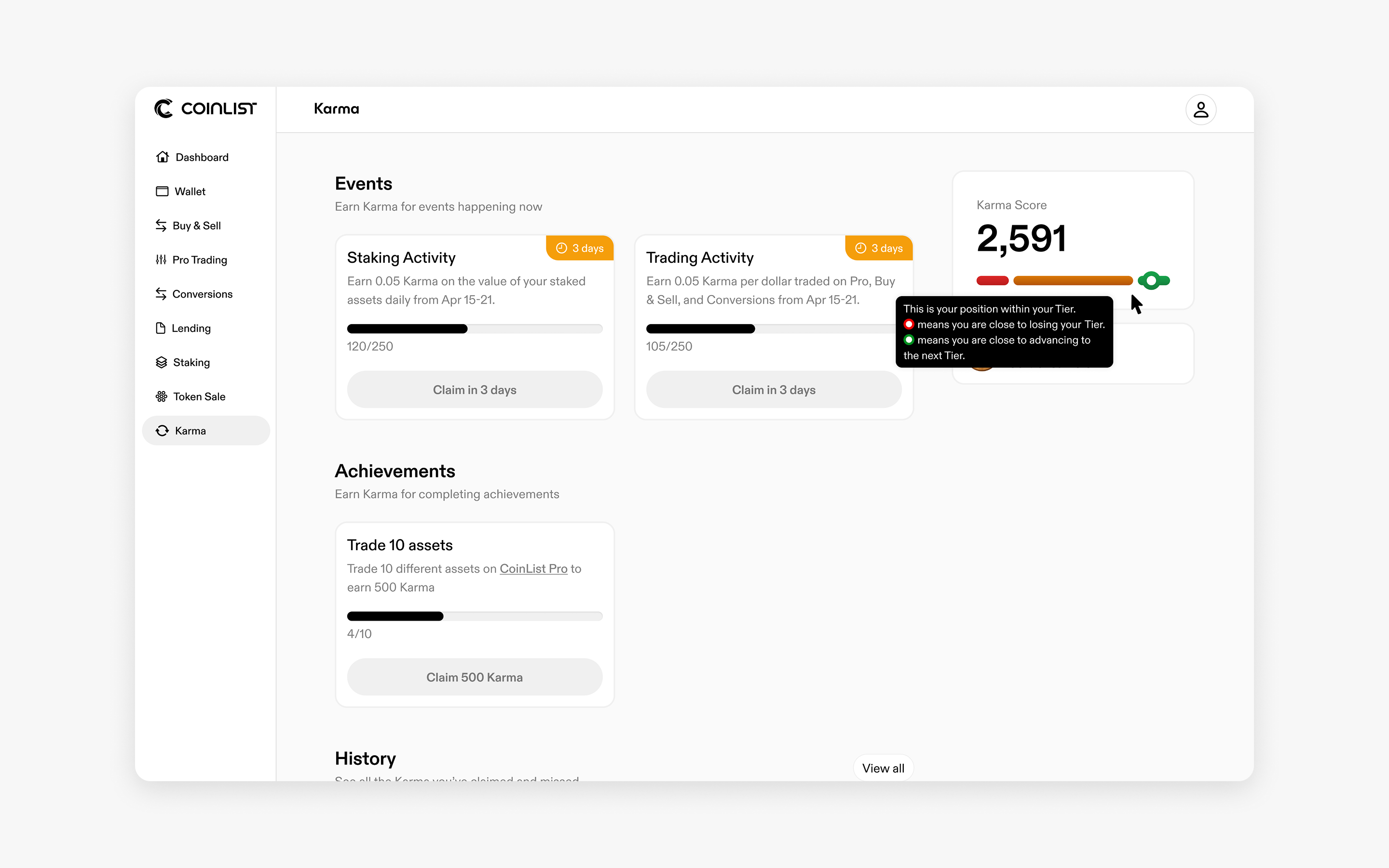 The full Karma experience on web, with tooltip guidance helping users understand their tier position