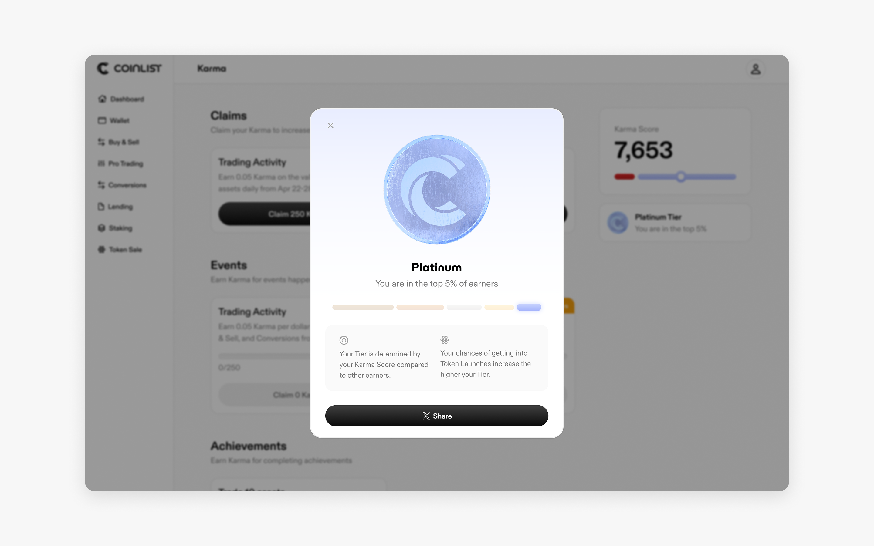 Tier card that explains how a user's tier correlates to token sales and invites users to share